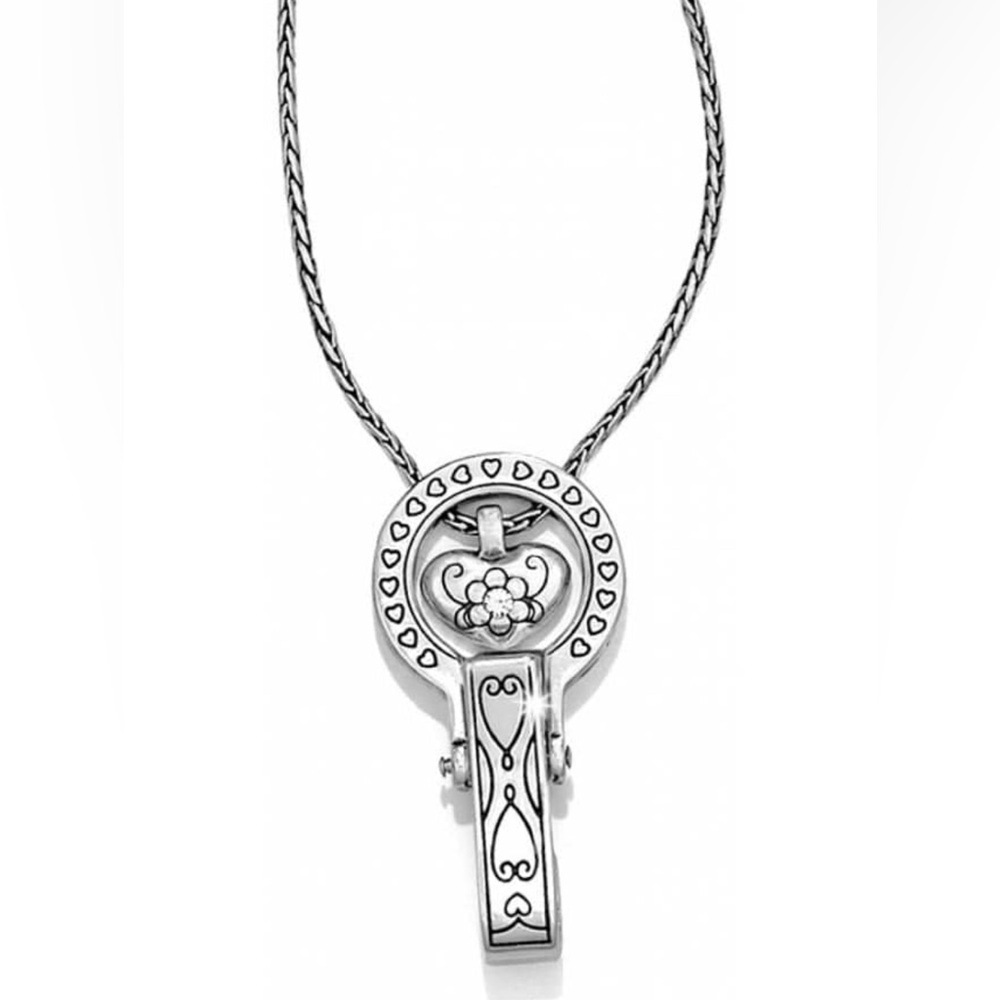 BRIGHTON Heart & Crystal Badge Clip Lanyard Necklace Silver 2578